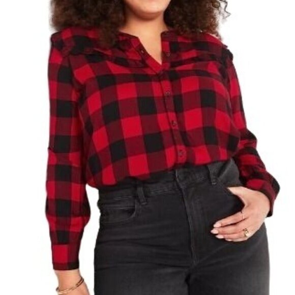 OLD NAVY Buffalo Plaid Ruffle Shirt XXL Rayon Flannel Womens Top - Picture 5 of 9